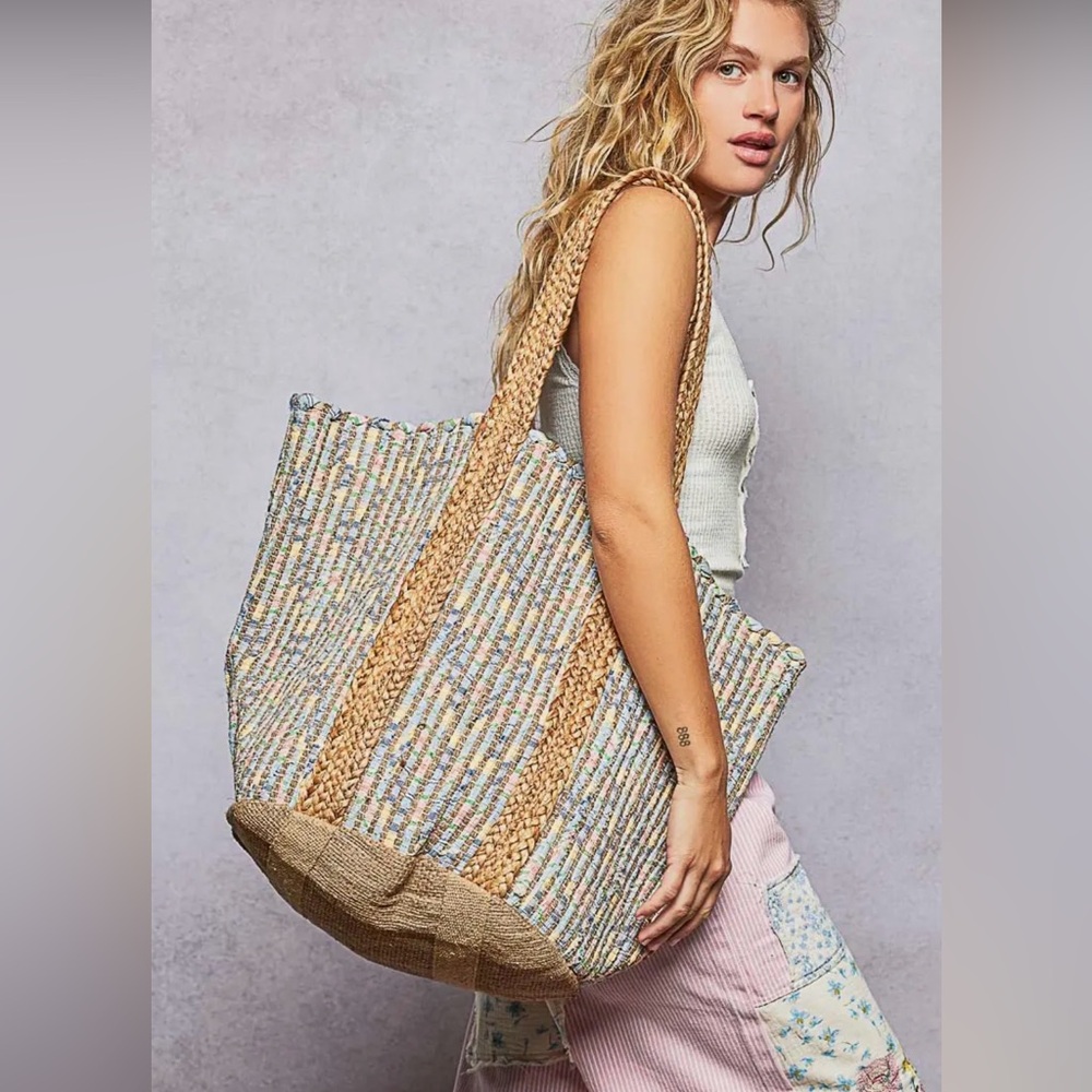 POL blue Kantha quilted woven ombré dotted embroidered Large boho tote bag